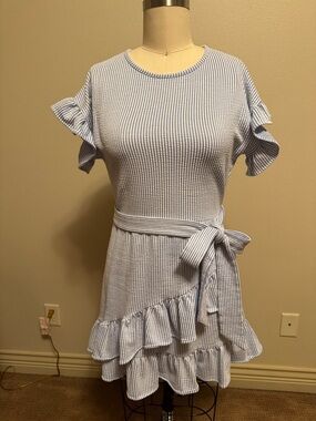MICHAEL Michael Kors Light Blue and White Striped Ruffle Tie-Waist Dress